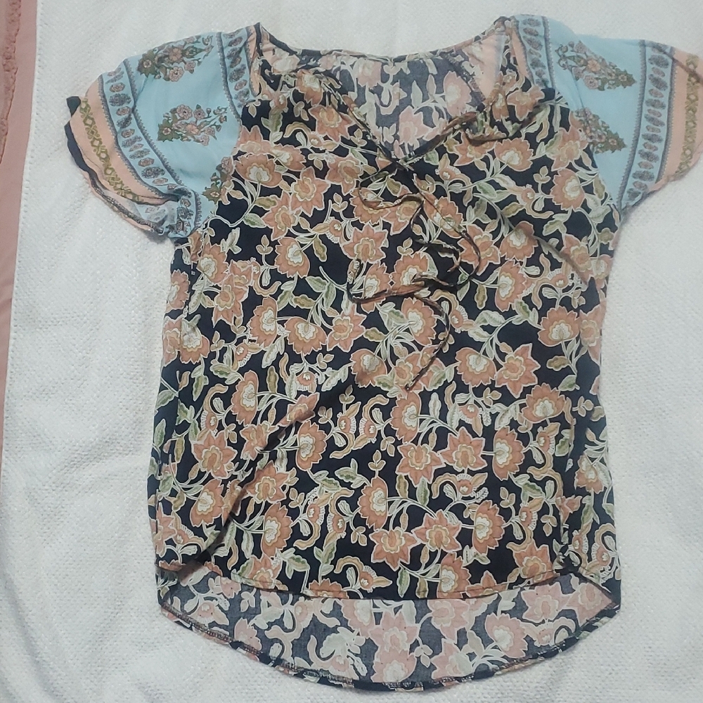 SHEIN Navy Floral Top with Peach & Light Blue Accents